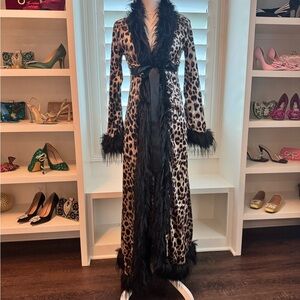 Chic Leopard Print Feather Trim Robe Jacket